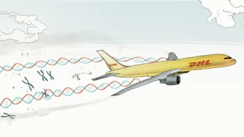Illustration av ett DHL-flygplan som sprider gener, för att illustrera historien om Larry Hillblom.