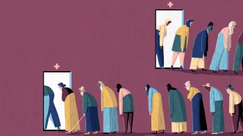 Illustration av utmattningssyndrom: folk som köar.