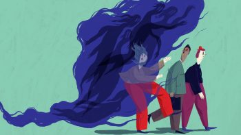 Illustration av psykisk ohälsa. Människor som förföljs av moln av mörka skuggor.