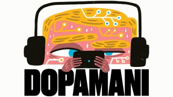 Person som tittar maniskt på sin mobil, under står texten dopamani.
