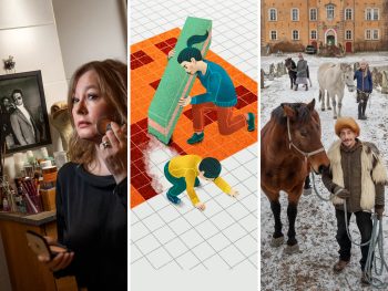 Tre bilder i collage. Första bilden visar Åsa Linderborg i sitt badrum med kungen i en tavelram på väggen. Andra bilden är en illustration av en mamma som "suddar" ut sitt barn ur skolan för att illustrera skolflyktingar. Tredje bilden är några tyska antroposofer med hästar framför slottet i Börstorp som de har ockuperat.
