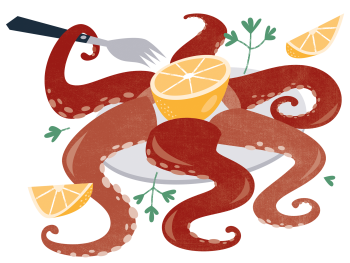 Illustration av bläckfisk på en tallrik. Ena armen håller i en gaffel. För att illustrera grekisk mat.