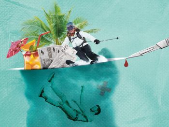 Collage av operationslakan som snittas med en skalpell. Ut kommer drink, palm, pengar och en som åker skidor. För att illustrera hur Medcura använder vårdens pengar. Under en person som faller i mörker.