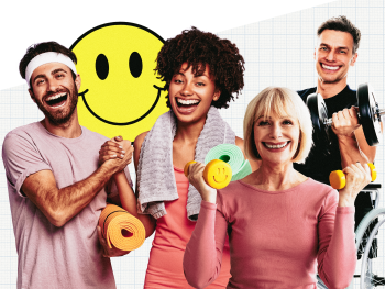 Löjligt glada människor som tränar för att illustrerar att man inte kan bota depression med träning. Längst bak en smileysymbol.