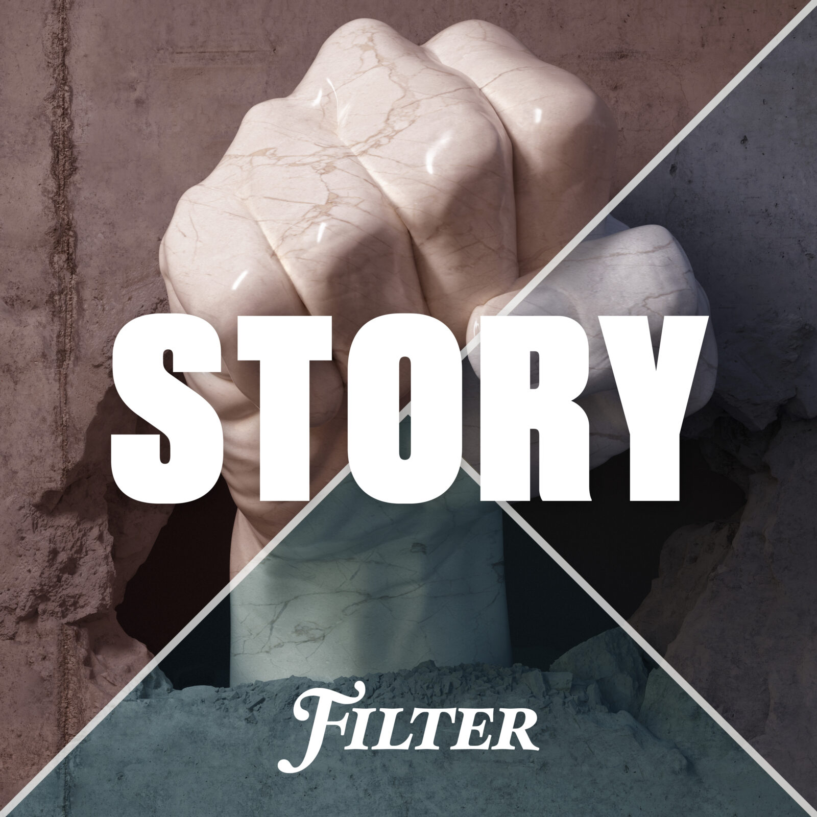 Omslaget till Filter Story om Arkitekturupproret, en hand som slår genom en vägg där det står STORY ovanpå.