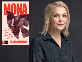 Författarporträtt på Josefina Johannisson med insprängt omslag på hennes bok Mona.
