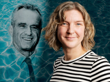 Robert F. Kennedy i vatten för att illustrera flour. Madelene Pollnow i förgrunden.