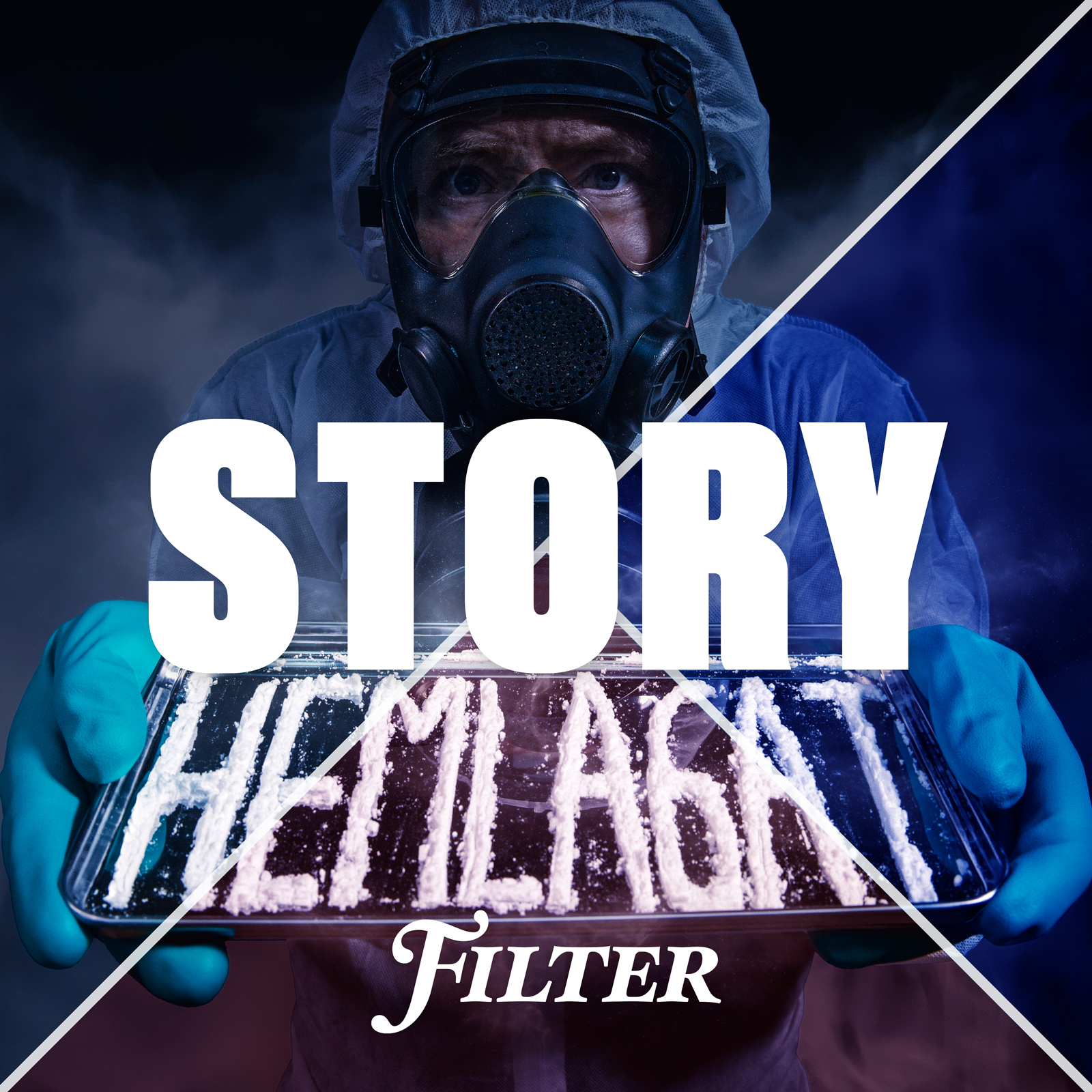 Vinjettbild Filter Story. En man med gasmask håller fram en bricka med vitt pulver där det står Hemlagat.
