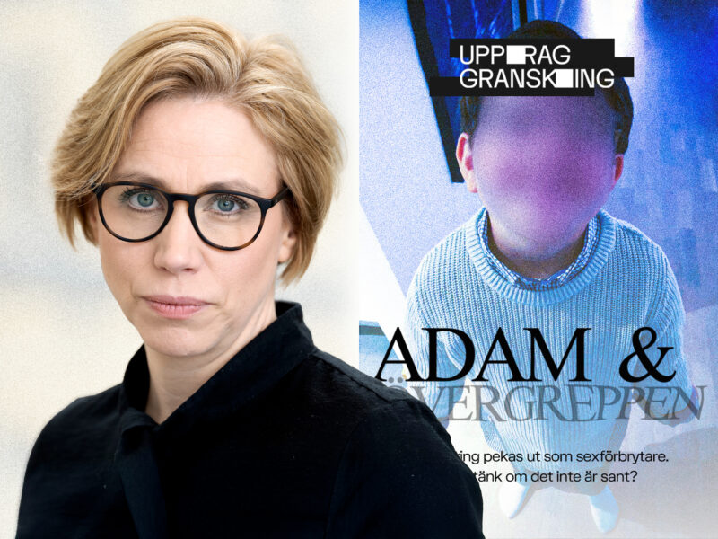 Porträtt på Sara Landström, i bakgrunden vinjettbilden till UG:s program Adam & övergreppen.