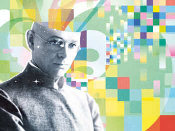 Färgglad illustration med svartvitt fotografi på Johannes Itten, för att illustruera färganalys.