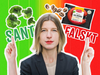 Bild på Elinor Odeberg, chefsekonom på tankesmedjan Arena Idé, som pratar om att bojkotta matbutiker. I bakgrunden en gradient från grönt till rött, samt orden Sant och Falskt. Även bilder på broccoli, kaffe och falukorv.