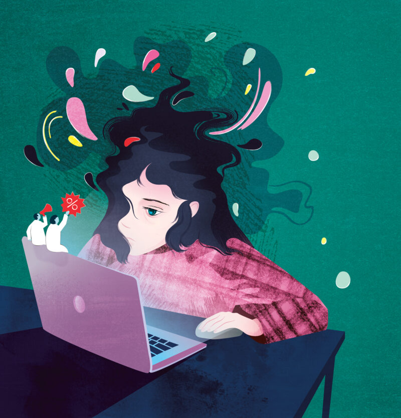 Illustration av en trött kvinna som tittar in i sin datorskärm, två små läkare sitter på skärmen och gör reklam för adhd-utredningar.