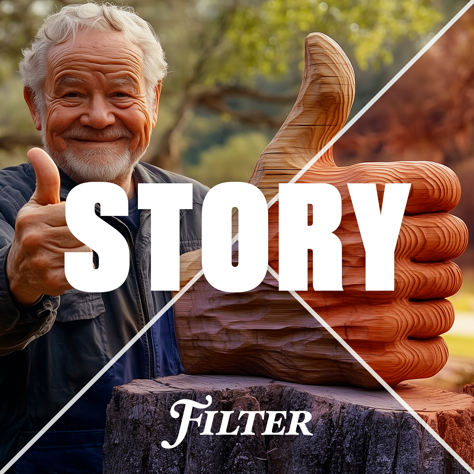 Vinjettbild för Story, i bakgrunden en AI-genererad bild på en äldre man som gör tummen upp bredvid en träskulptur av en tumme upp-hand med sex fingrar.